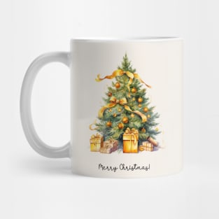 Gold Christmas Tree with Presents Watercolor Art Mug